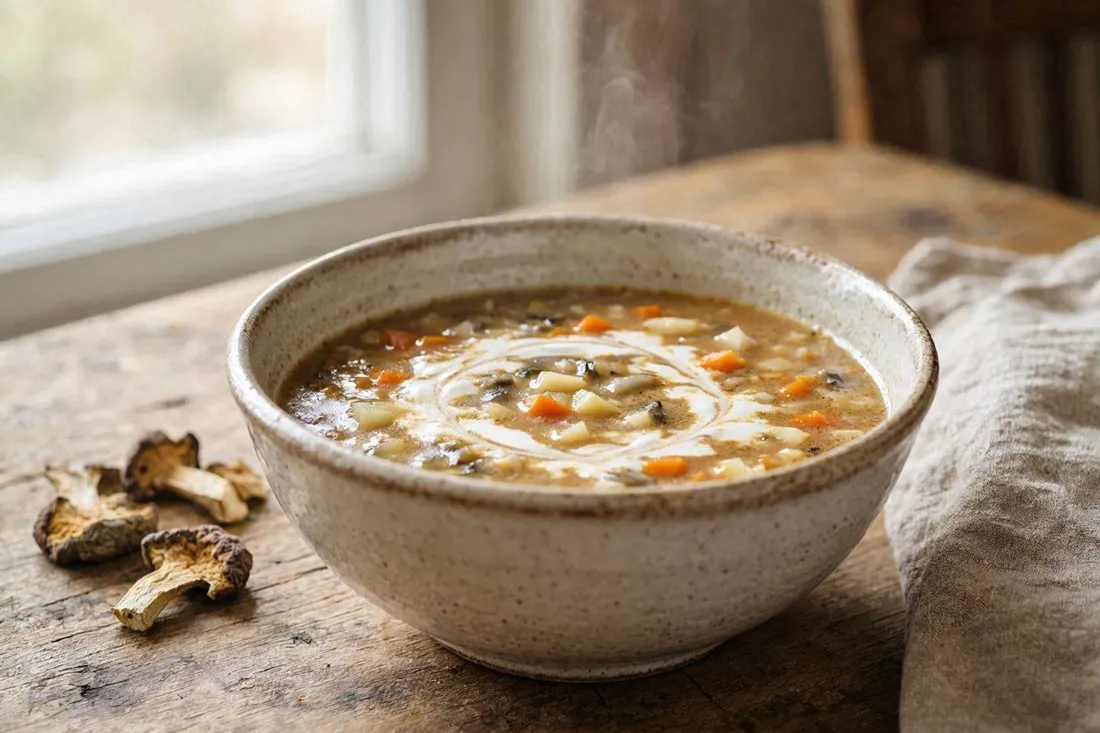 Bowl of mushroom soup with sour cream swirl, rustic table setting