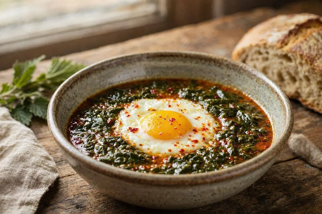 Bowl of nettle stew topped with a fried egg, rustic table setting