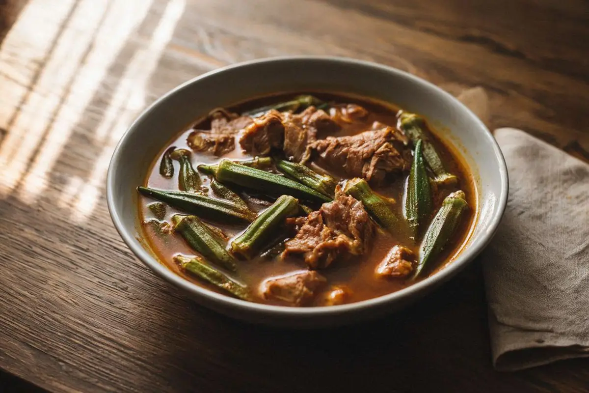 A deep ceramic bowl of tender okra and pork pieces in a rich dark amber paprika broth, on a dark oak table with a vintage linen napkin.