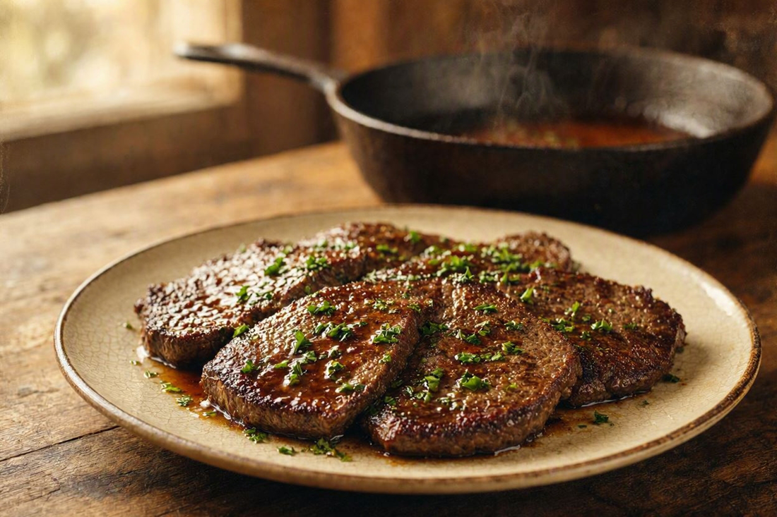 Pan-fried veal liver slices topped with vinegar pan sauce and chopped parsley