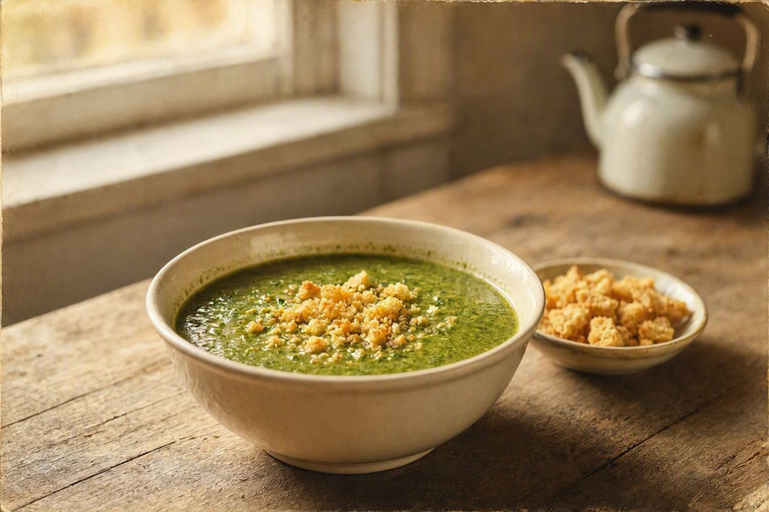 A bowl of green parsley soup topped with golden fried rusk crumbs