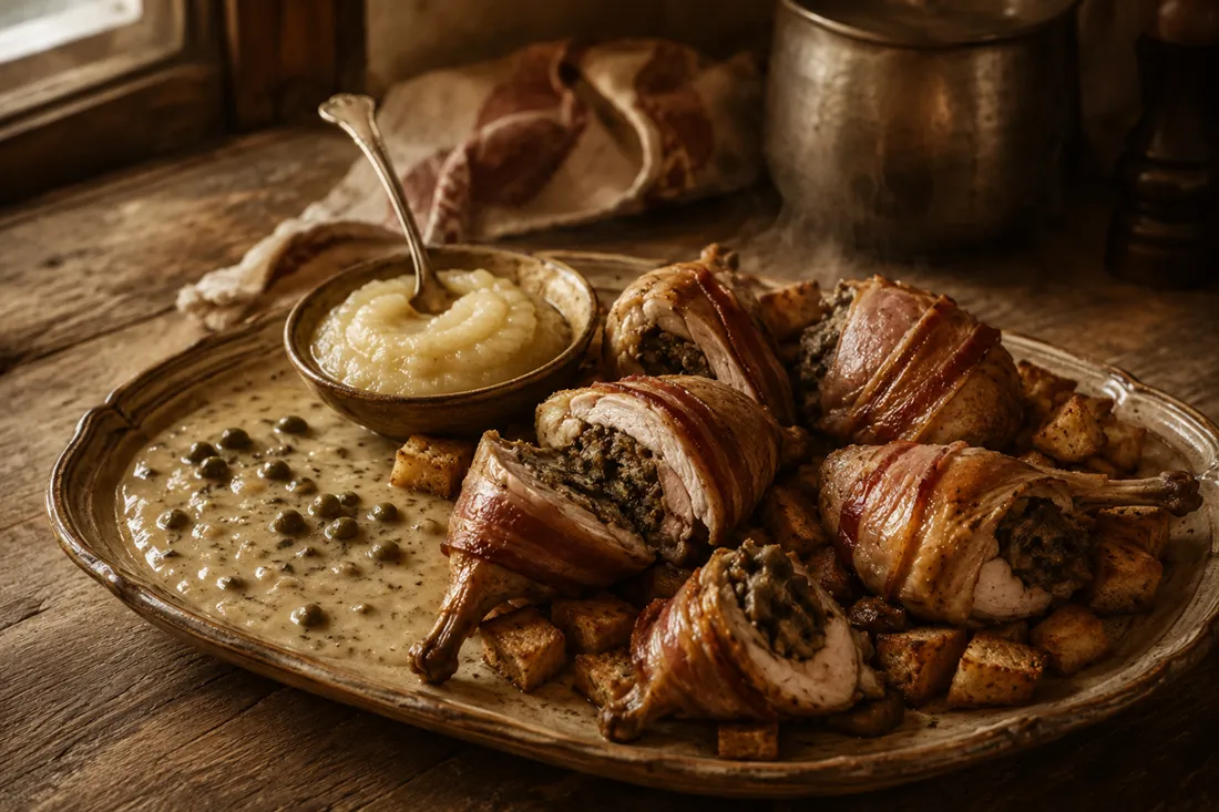 Roasted partridge quarters stuffed with mushroom filling, plated on croutons with caper cream sauce