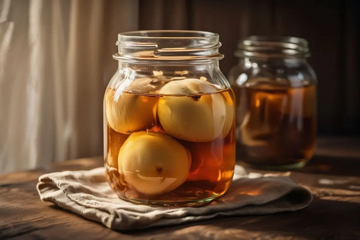 Whole pale peaches in clear amber rum syrup inside a glass jar, on a wooden cellar shelf