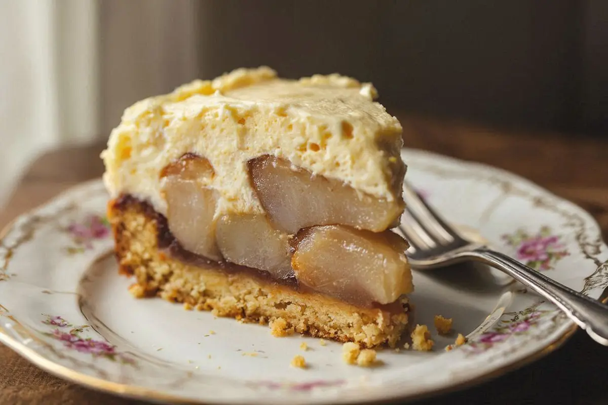 Elegant pear and wine cream cake on glass serving plate