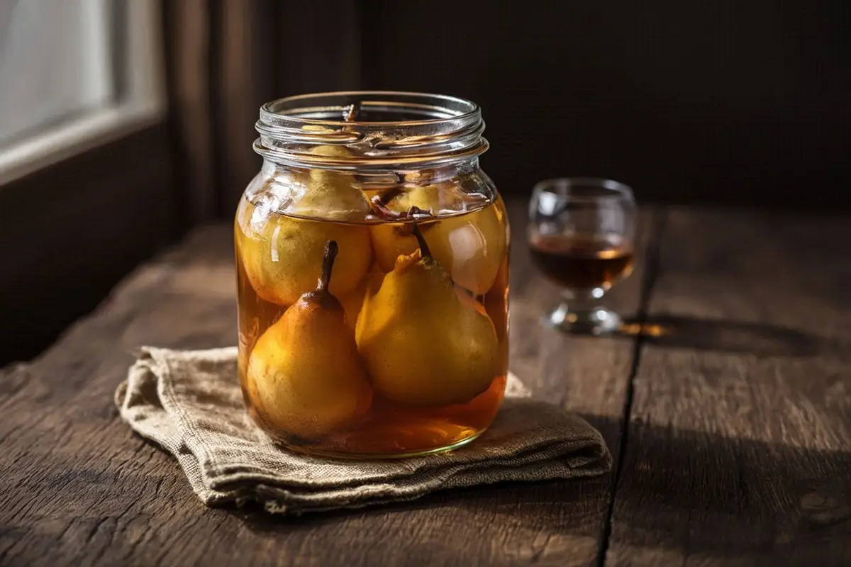 Whole golden pears in amber cognac syrup inside a glass jar, on a dark wooden table