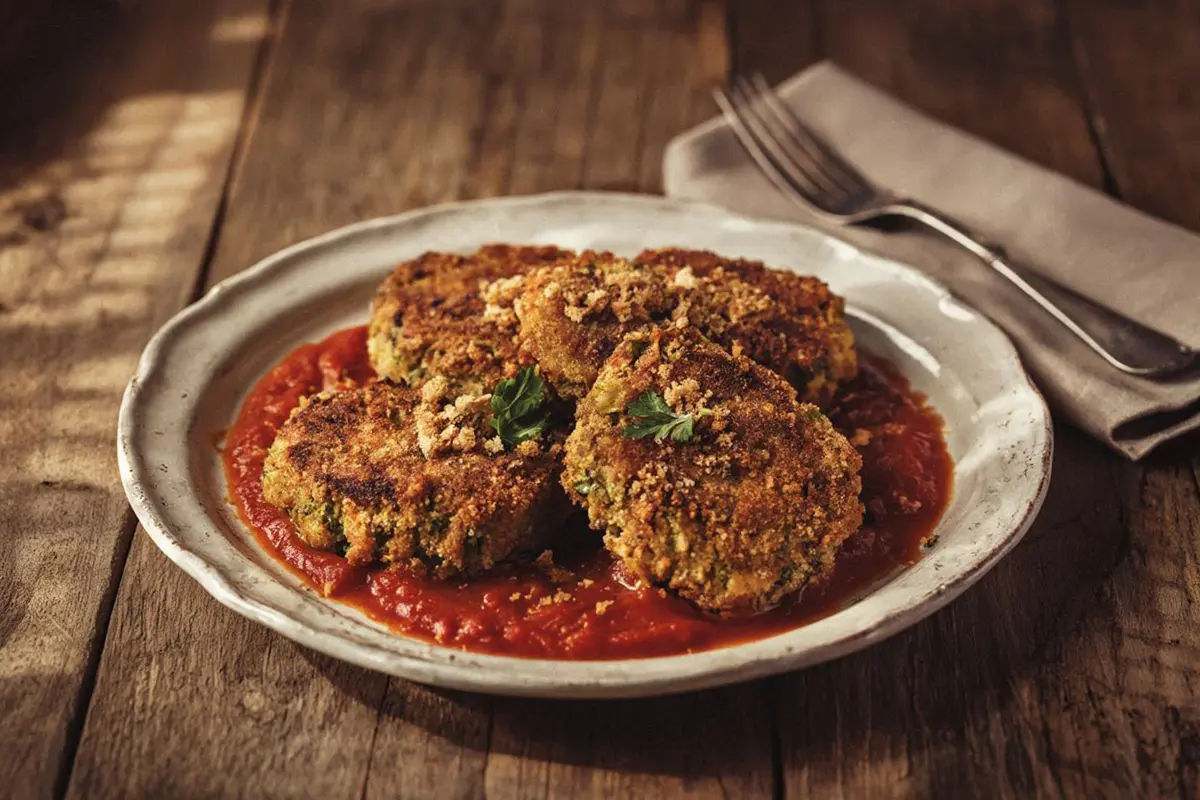 Golden-brown breaded pepper steaks on ceramic platter with red tomato sauce