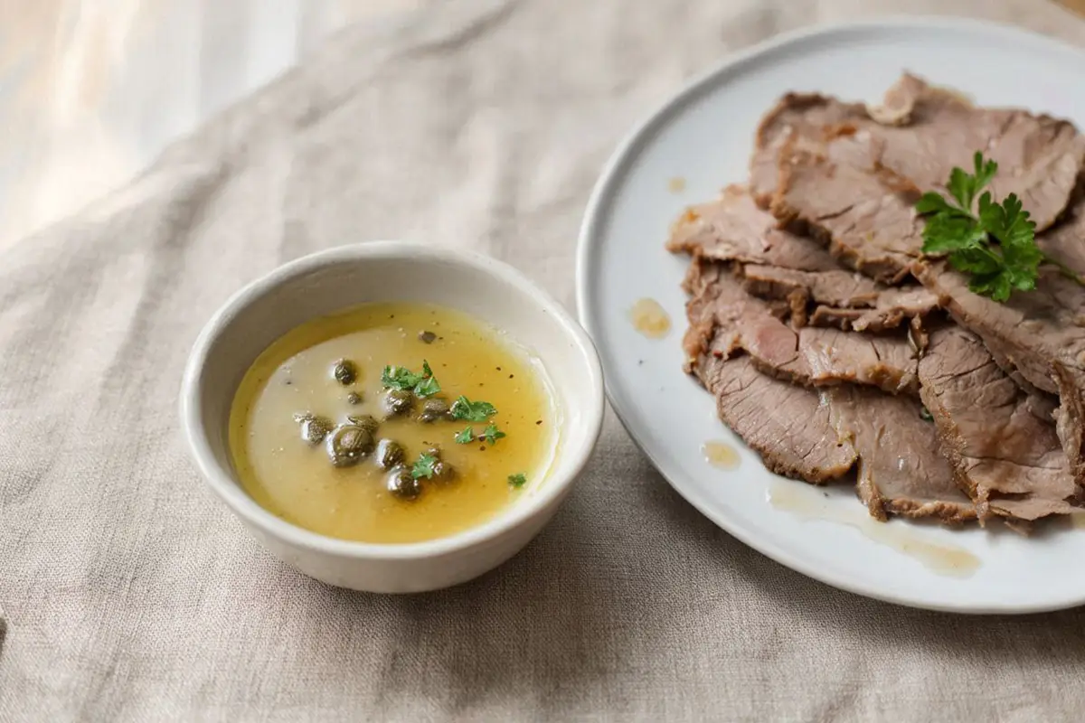 Small ceramic bowl of pale golden piquant sauce with visible capers and parsley, beside a plate of sliced cold roast beef on a linen cloth