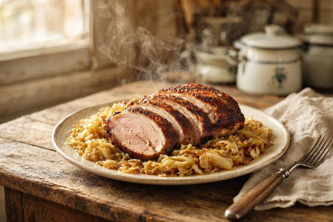 Sliced braised pork loin served over caramelized cabbage on a round plate