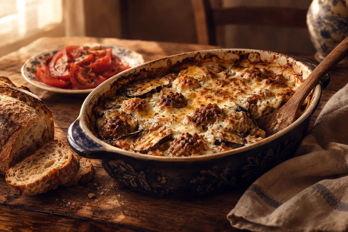 Ceramic baking dish of pork meatballs baked in roasted eggplant under a bubbling golden layer of sour cream