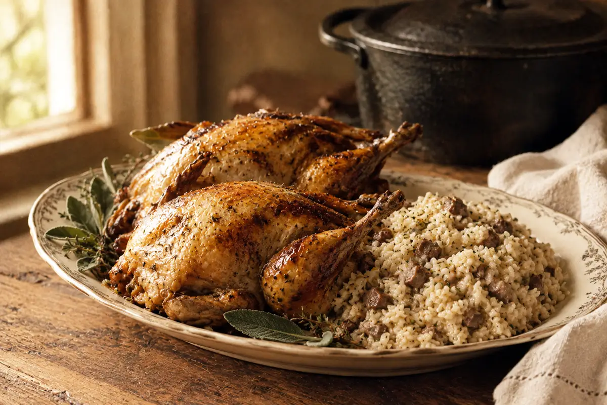 Whole pot-roasted partridges golden brown on a platter beside a mound of creamy giblet rice