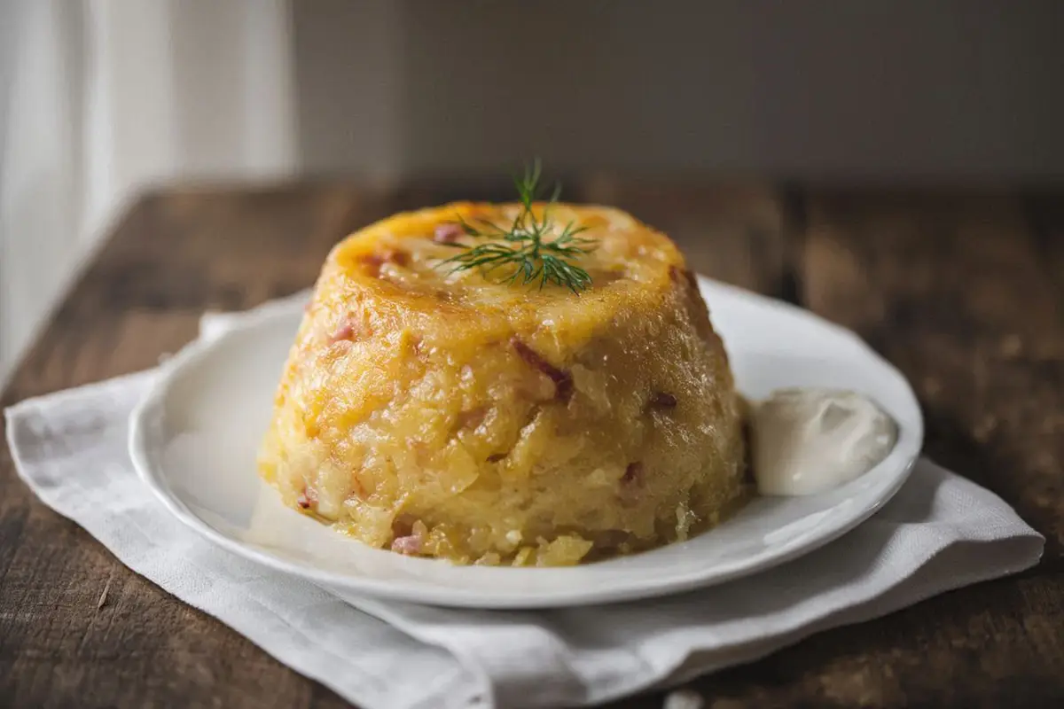 A turned-out steamed potato and ham pudding on a round white plate, golden surface, served with sour cream