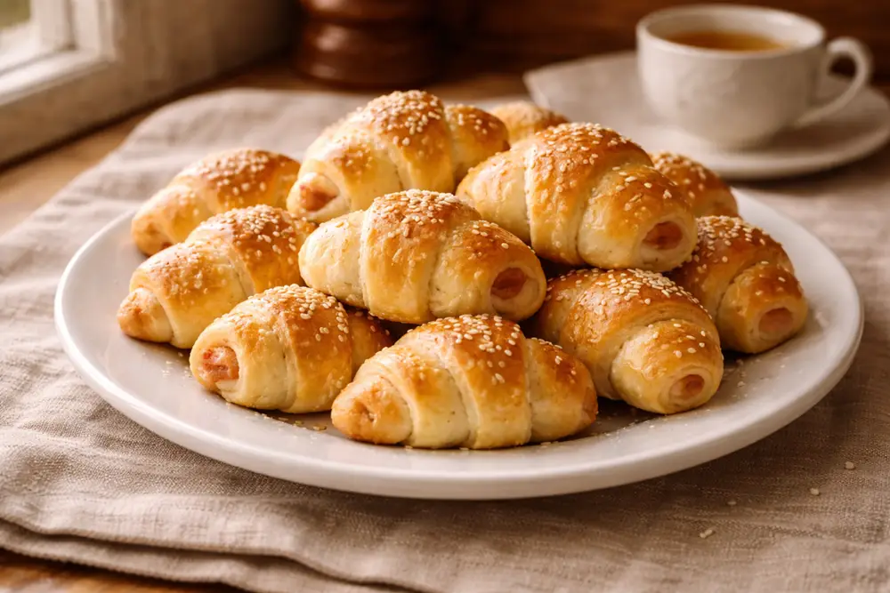 Golden baked potato rolls on a white plate, sliced open to show the ham filling