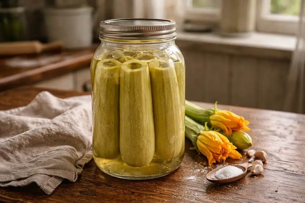 Glass jars of hollowed zucchini preserved in brine, set on a wooden shelf with a linen cloth and dried herbs