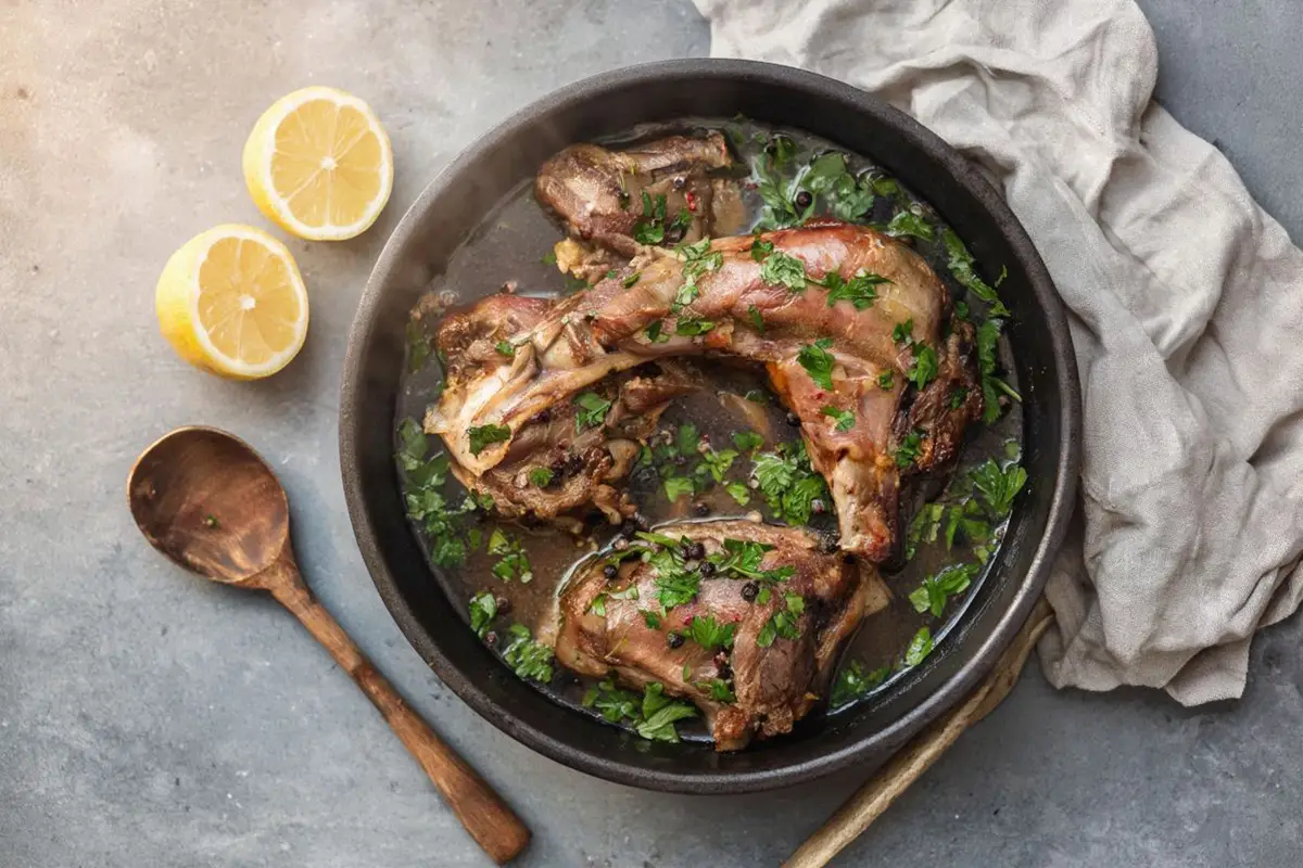 Braised rabbit pieces in a deep earthenware pot with pan juices, lemon slices, and fresh parsley on a rustic wooden table