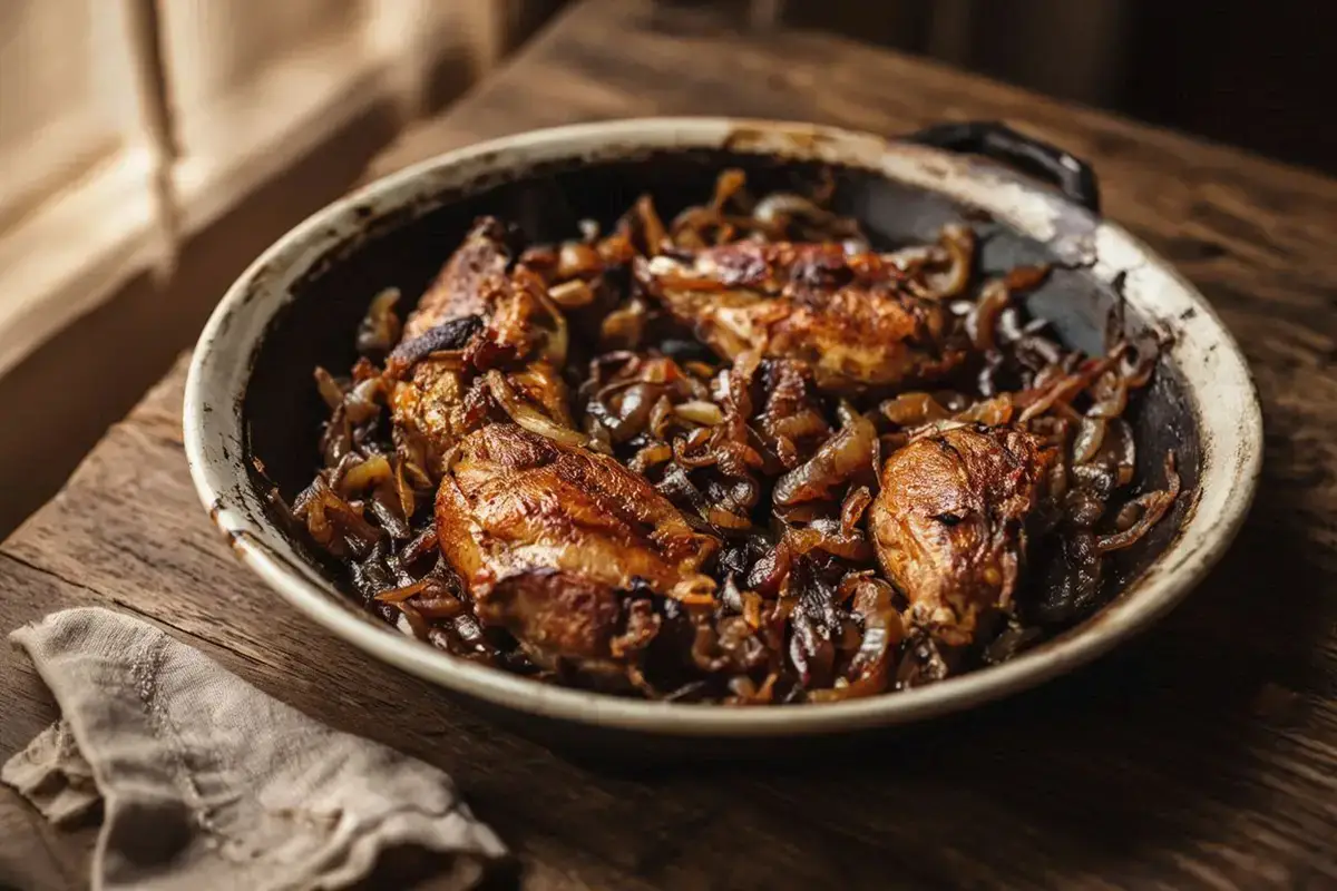 Golden rabbit pieces in a deep pan surrounded by caramelized onions, served in a rustic ceramic bowl