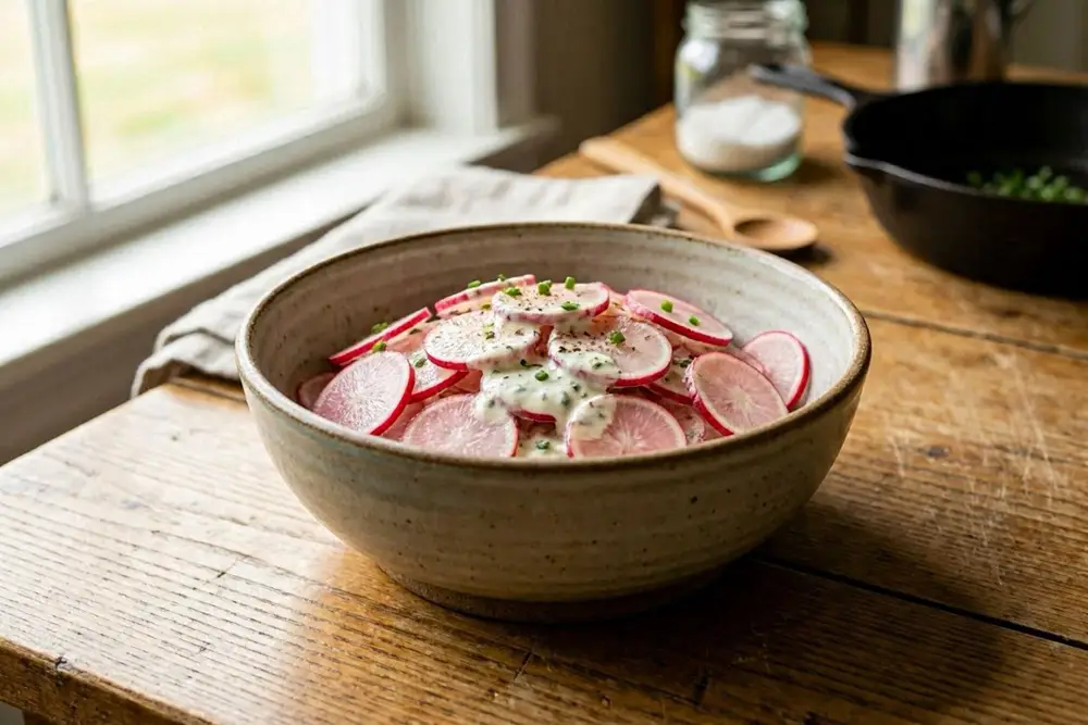 Thinly sliced pink radishes in a deep bowl coated in a creamy white sour cream dressing, on a wooden table in a warm kitchen, natural light