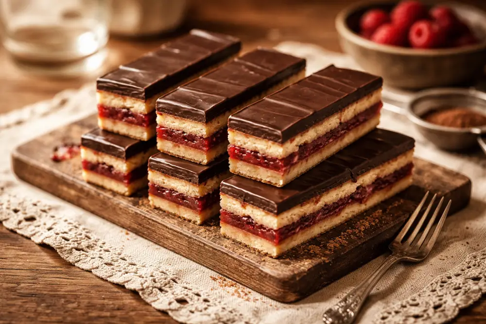 Raspberry bars with chocolate glaze cut into narrow strips on a wooden board