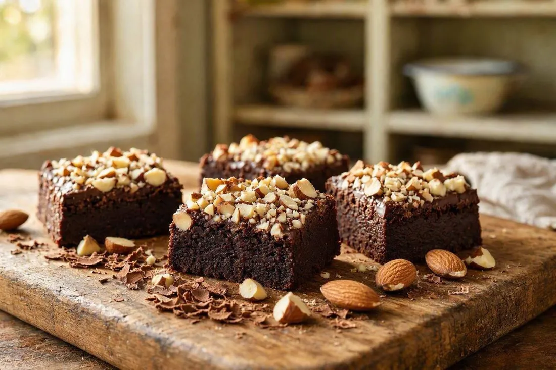 Chocolate squares topped with chopped almonds on a wooden board