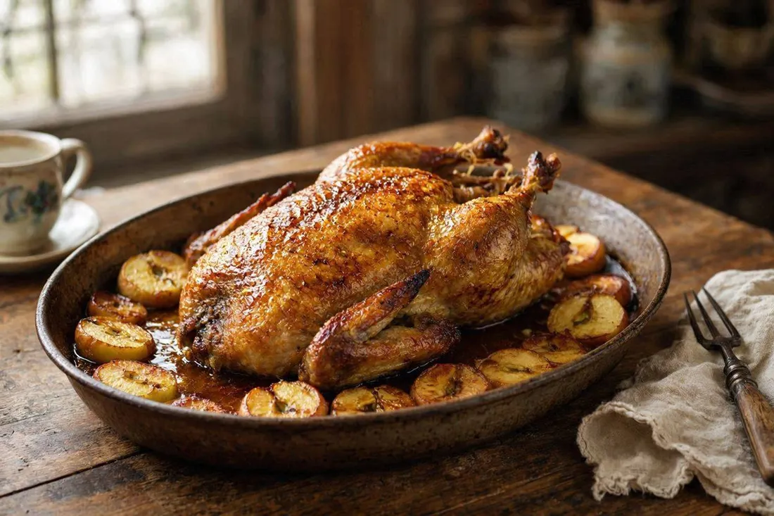 Whole roast goose surrounded by roasted apples in a pan, rustic table setting