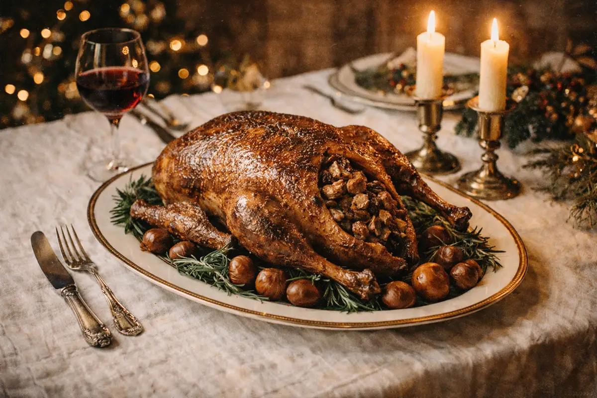 Golden whole roasted goose on a serving platter with chestnut stuffing and seasonal garnish
