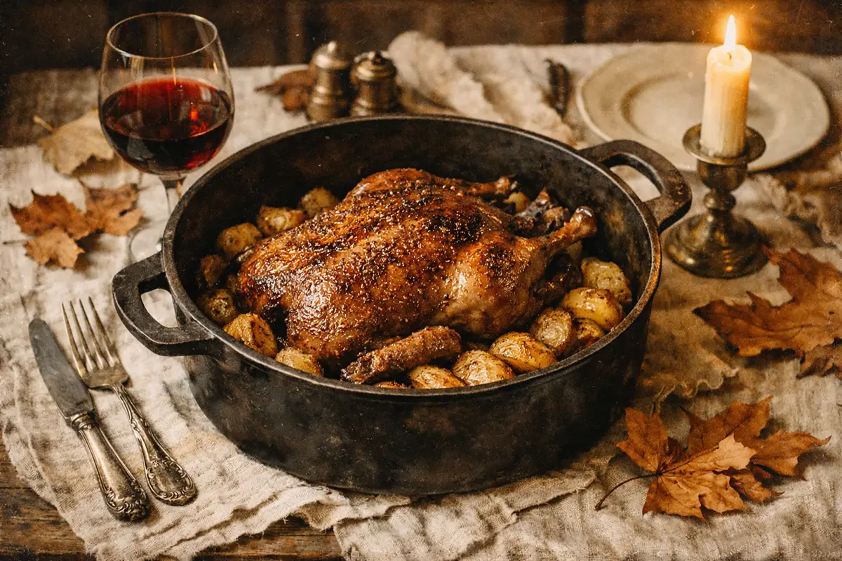Golden roasted wild duck arranged over crispy potatoes in a cast iron roasting dish