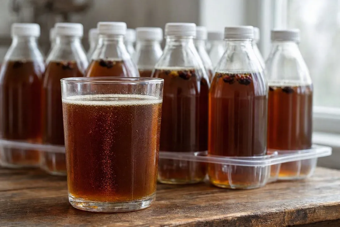 A glass of lightly sparkling homemade rye bread kvass next to plastic bottles used for bottling