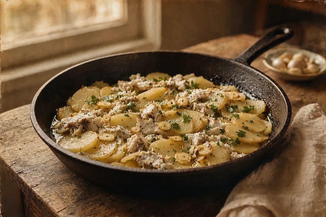 Flaked salt cod tossed with sliced potatoes, garlic, and parsley in a wide pan