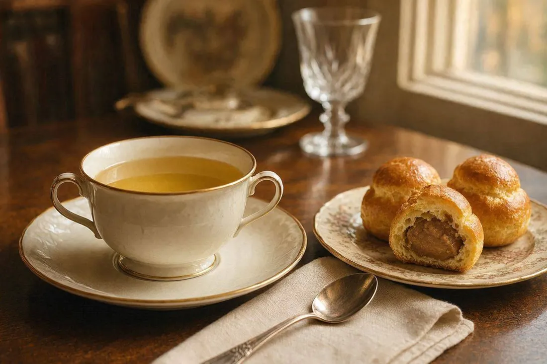 Small golden choux puffs filled with pâté, served on a plate beside a cup of soup