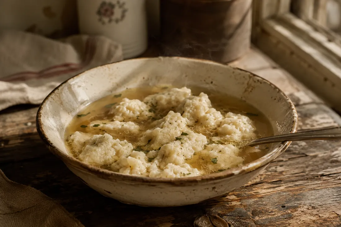 Small white semolina dumplings floating in clear broth