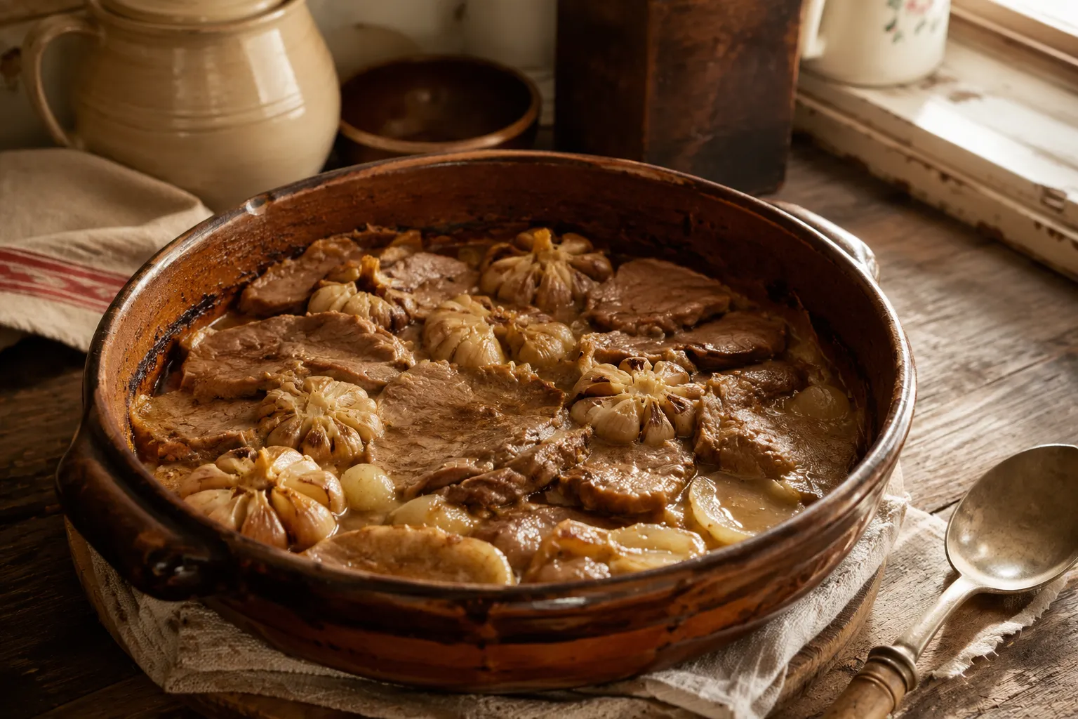 Layered veal and onion casserole in a clay pot, garlic heads visible between the layers