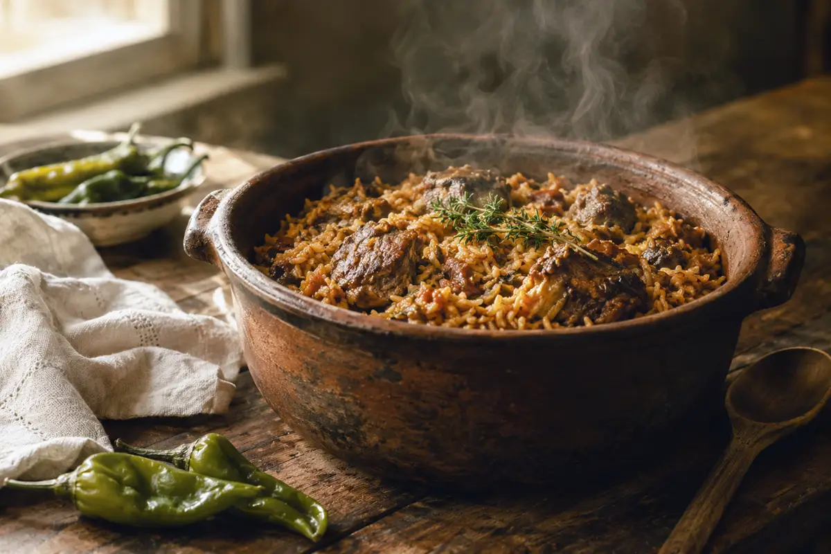 Pot of lamb shoulder pilaf with tender meat, red tomato-tinted rice, peppers and fresh thyme