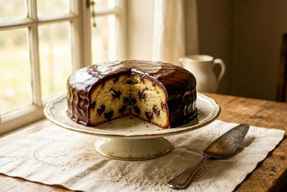 Snow cake with chocolate glaze on a cake stand, dusted with powdered sugar, cross-section showing almond and chocolate pieces