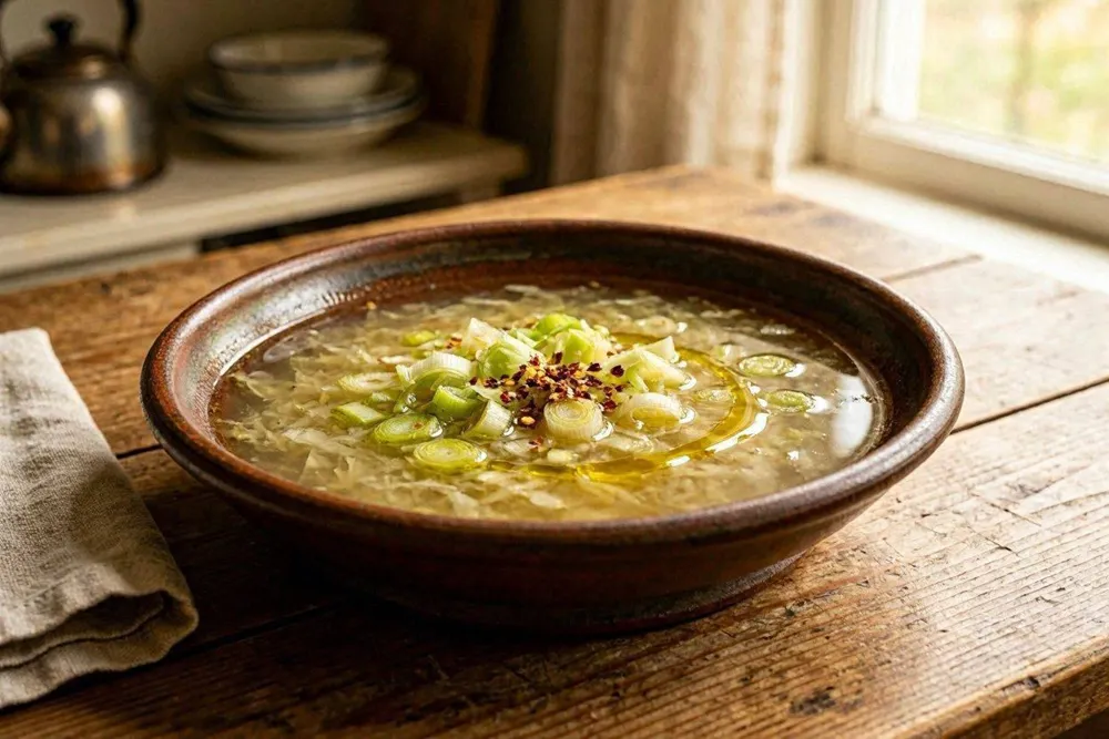 A deep saucer of clear sauerkraut brine soup topped with chopped leek and crushed red pepper