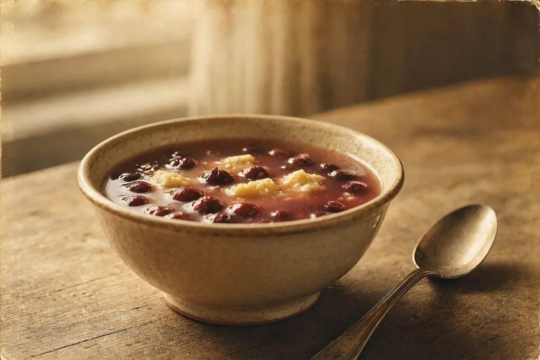 Sour cherry soup served with cubes of poached egg dumpling