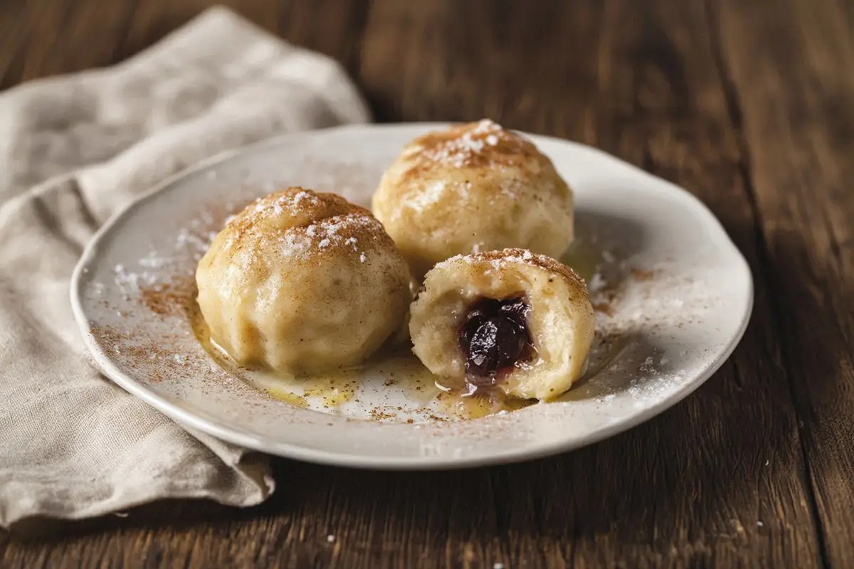 Soft yeasted dumplings with sour cherries on a warm white porcelain plate, drizzled with melted butter and dusted with cinnamon sugar, natural light from the left