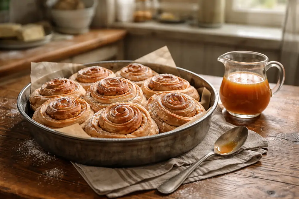 Golden yeast dough roses in a baking pan, drizzled with caramel cream, pull-apart style