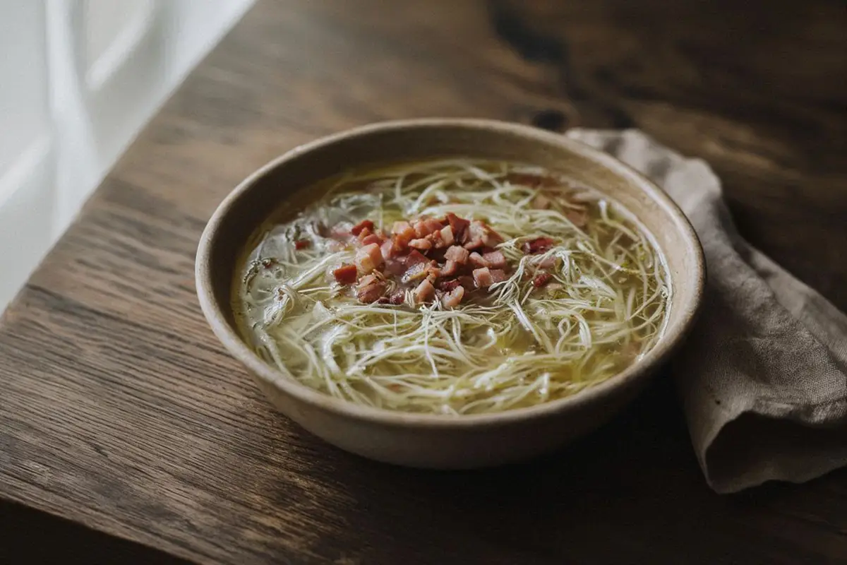 A rustic earthenware bowl of pale golden soup with small root pieces and visible bacon, finished with a swirl of soured milk on a dark oak table.