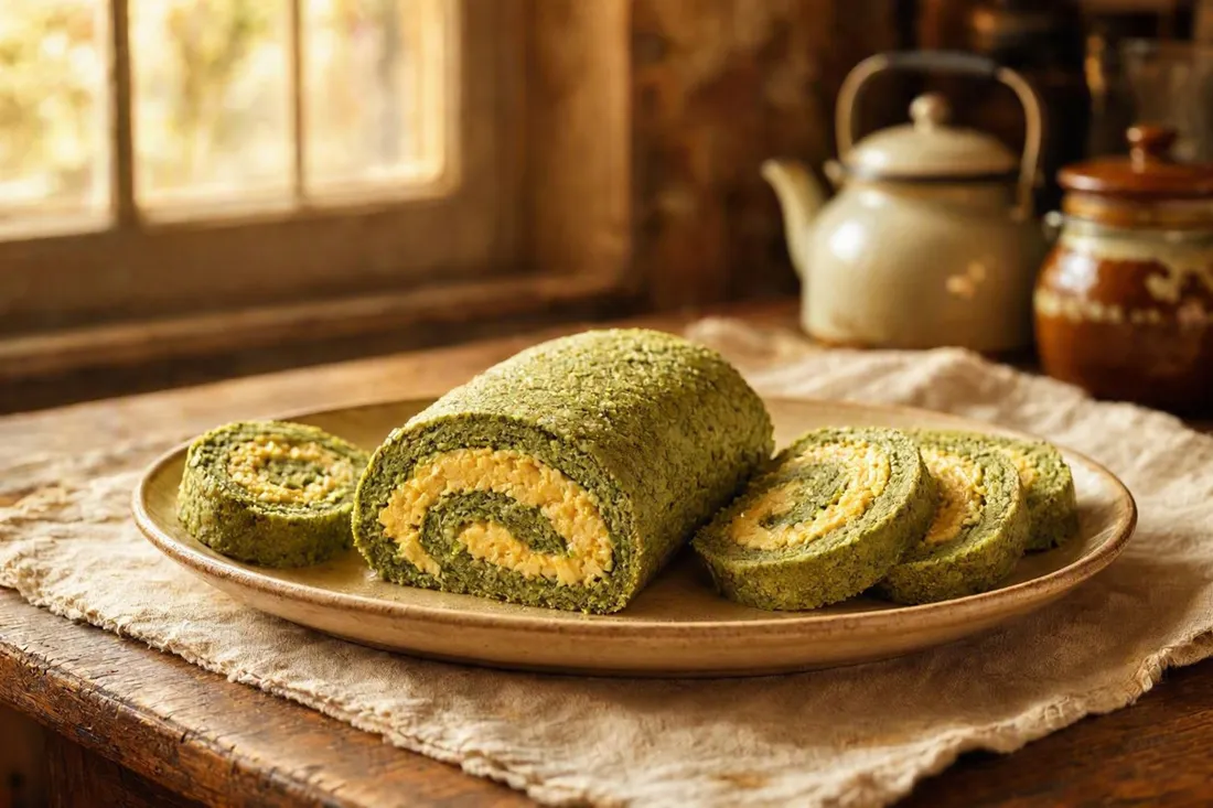 Sliced spinach roulade showing a spiral of soft scrambled egg filling, on a warm platter