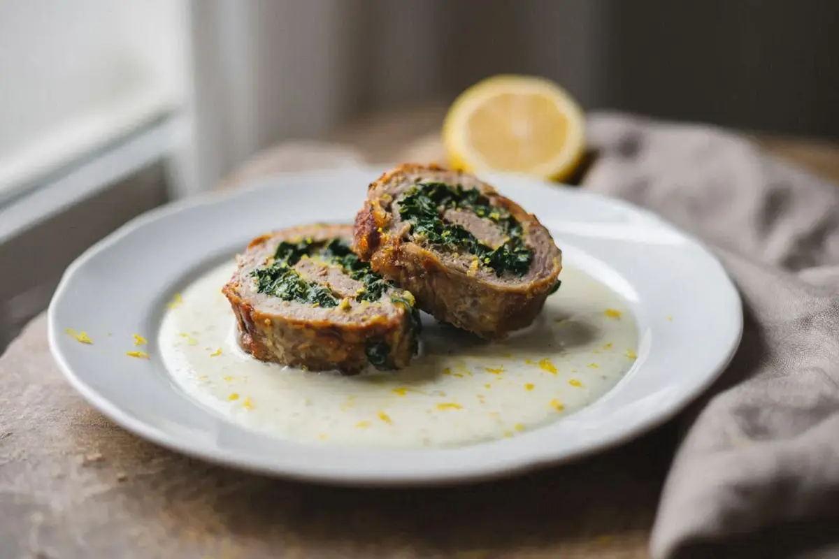 Sliced stuffed veal rolls in lemon sour cream sauce on a white ceramic plate, garnished with fresh parsley