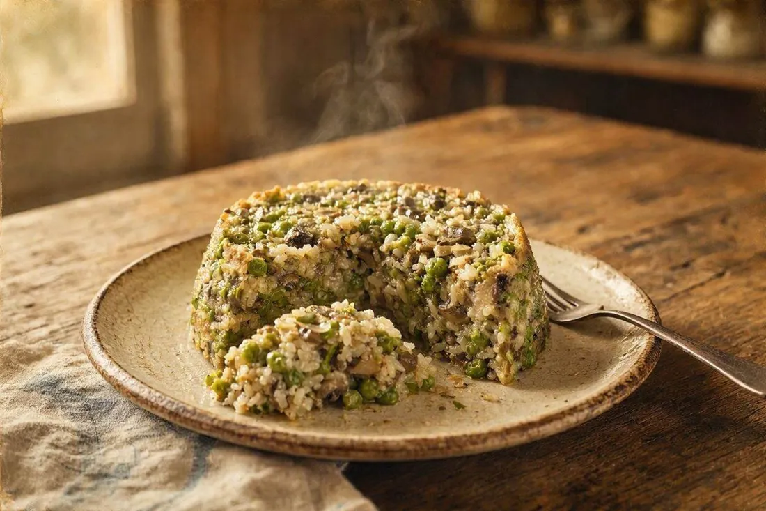 Steamed pea, rice, and mushroom pudding served warm as a side dish
