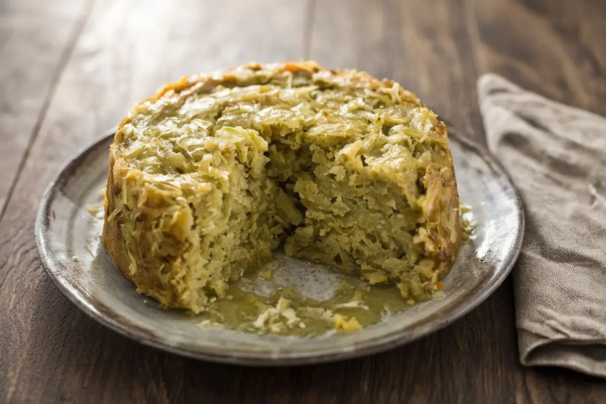 A pale golden steamed sauerkraut pudding unmolded onto a ceramic plate, glistening with melted butter, on a dark oak table.