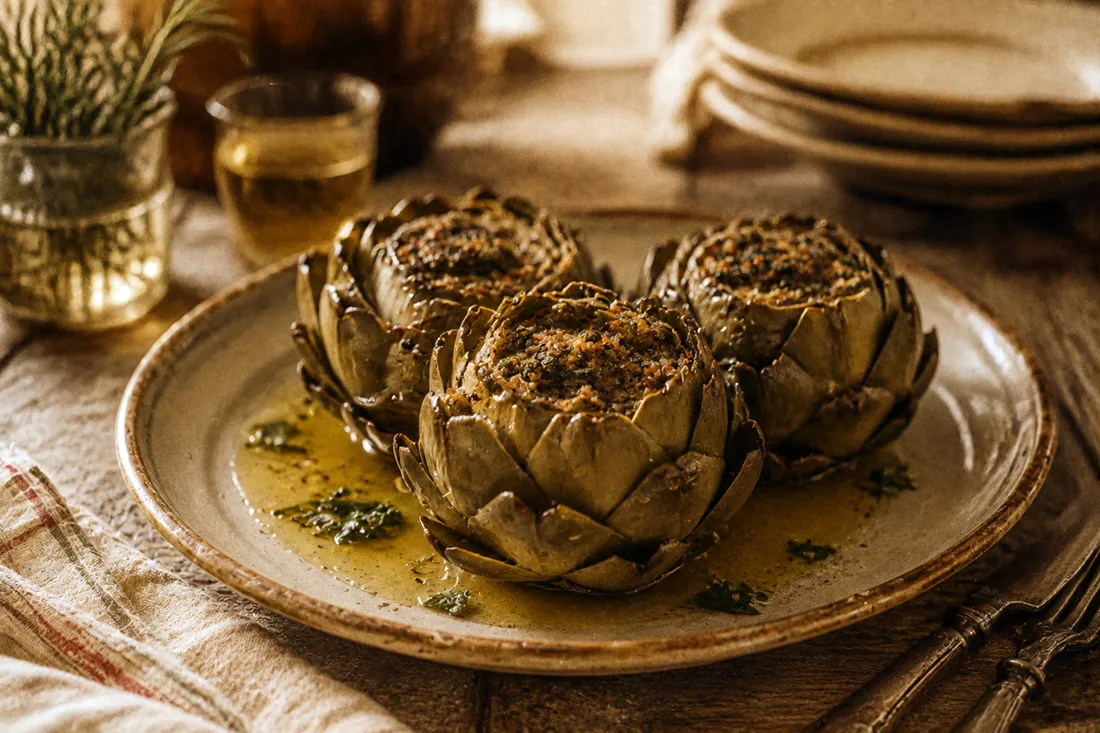 Whole stuffed artichokes braised in olive oil on a plate