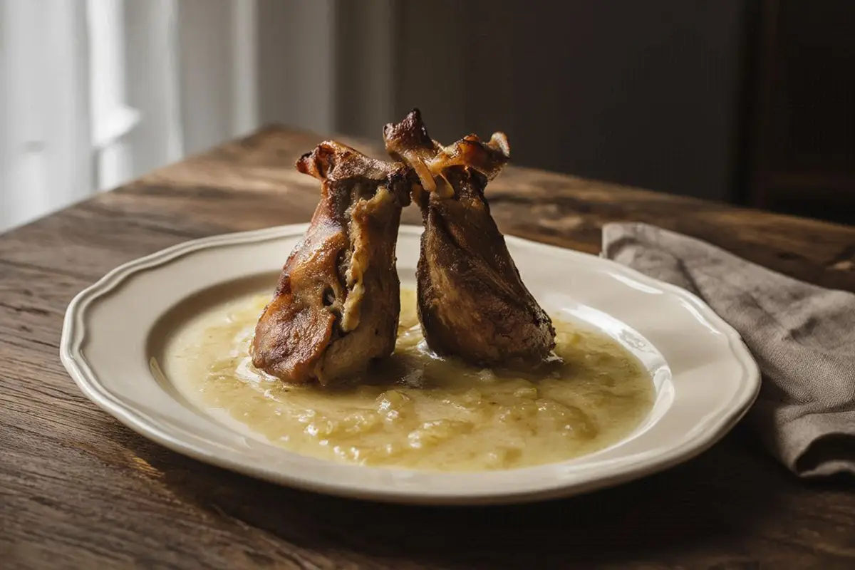 Two stuffed veal ears arranged upright on a cream ceramic plate, surrounded by a pale golden onion-cream sauce, garnished with parsley