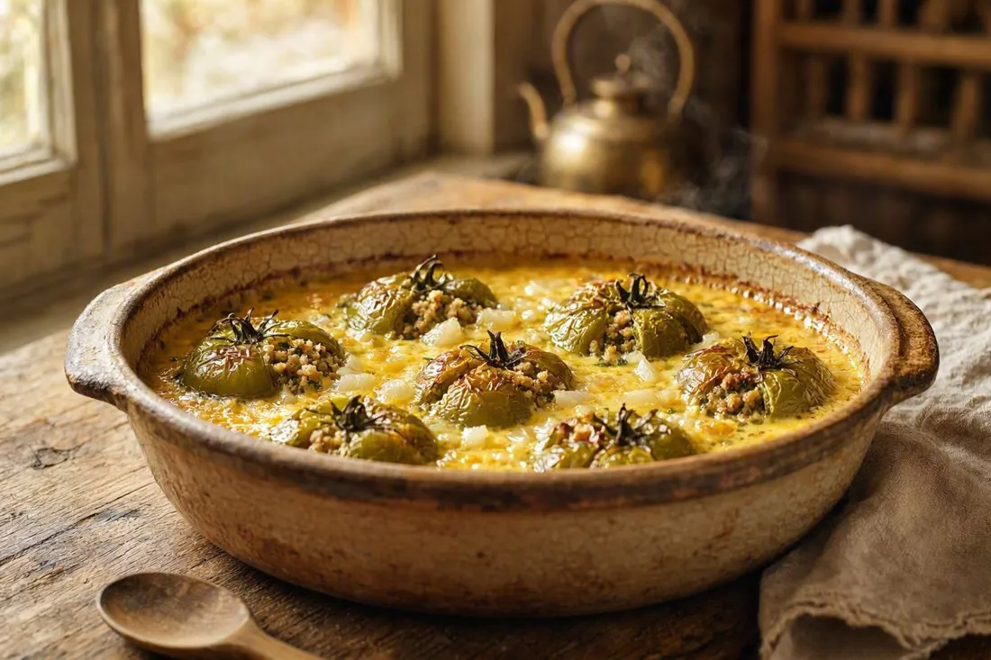 Baked green tomatoes stuffed with pork and rice, topped with a golden egg custard, in a covered baking dish