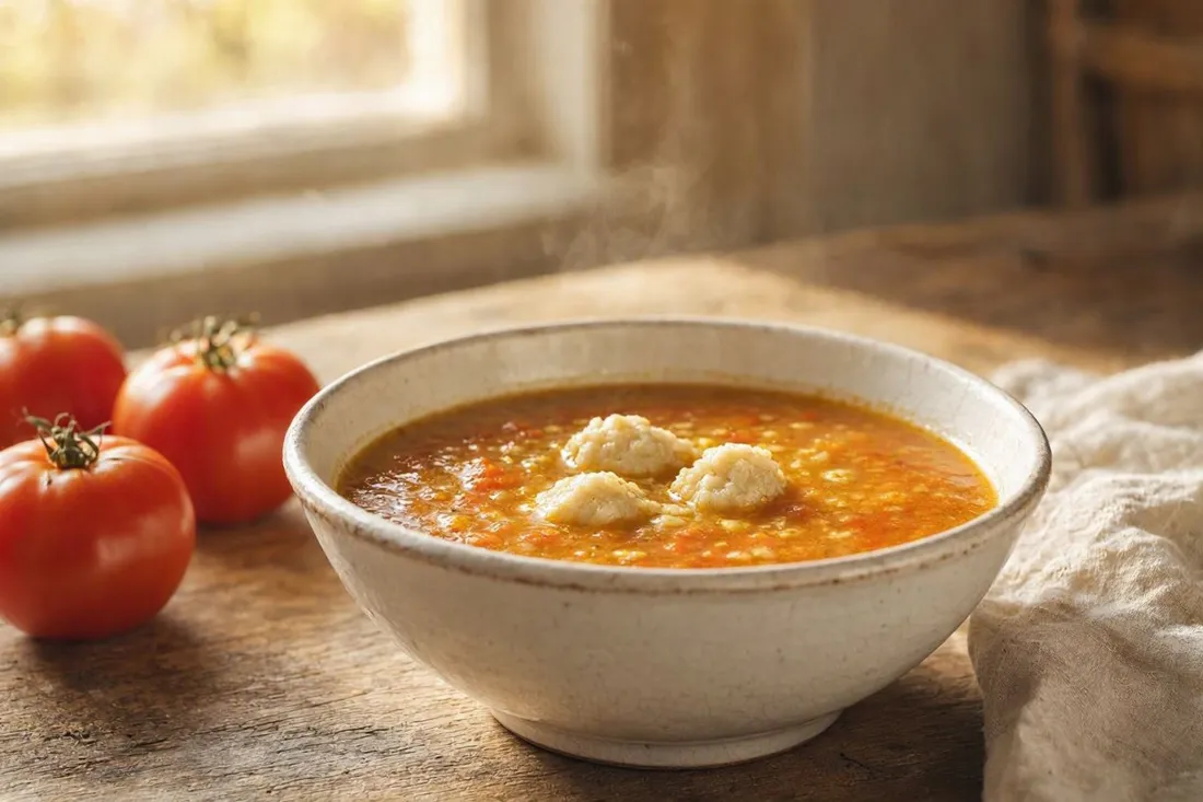 Bowl of tomato soup with small flour dumplings, steam rising, on a rustic table