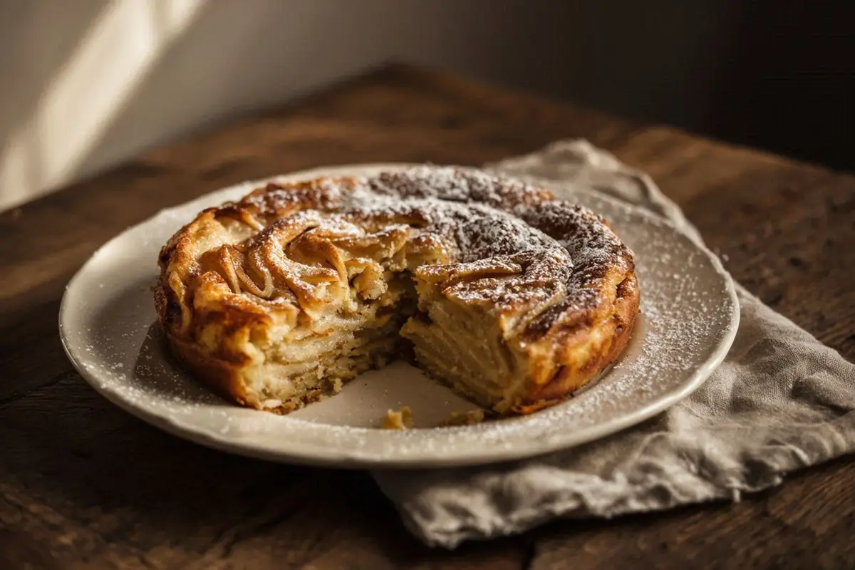 Steamed pancake pudding turned out onto a ceramic plate, golden custard visible between soft pancake ribbons, dusted with powdered sugar