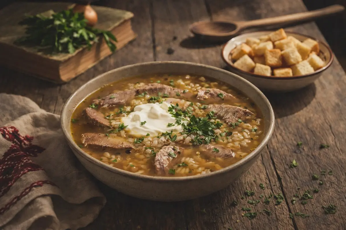 Rustic ceramic bowl of tongue soup with sliced veal, pearl barley, and a creamy lemon finish on a wooden table