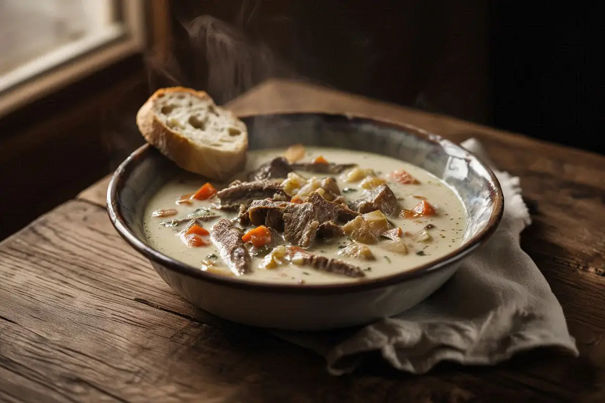 Deep bowl of tender veal honeycomb tripe pieces in a creamy pale sauce with visible root vegetables, served with crusty bread on the side