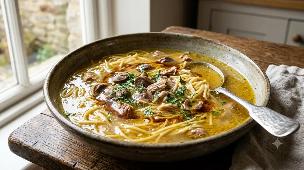 A deep bowl of golden turkey giblet soup with vermicelli, topped with a drizzle of browned butter, on a rustic wooden table