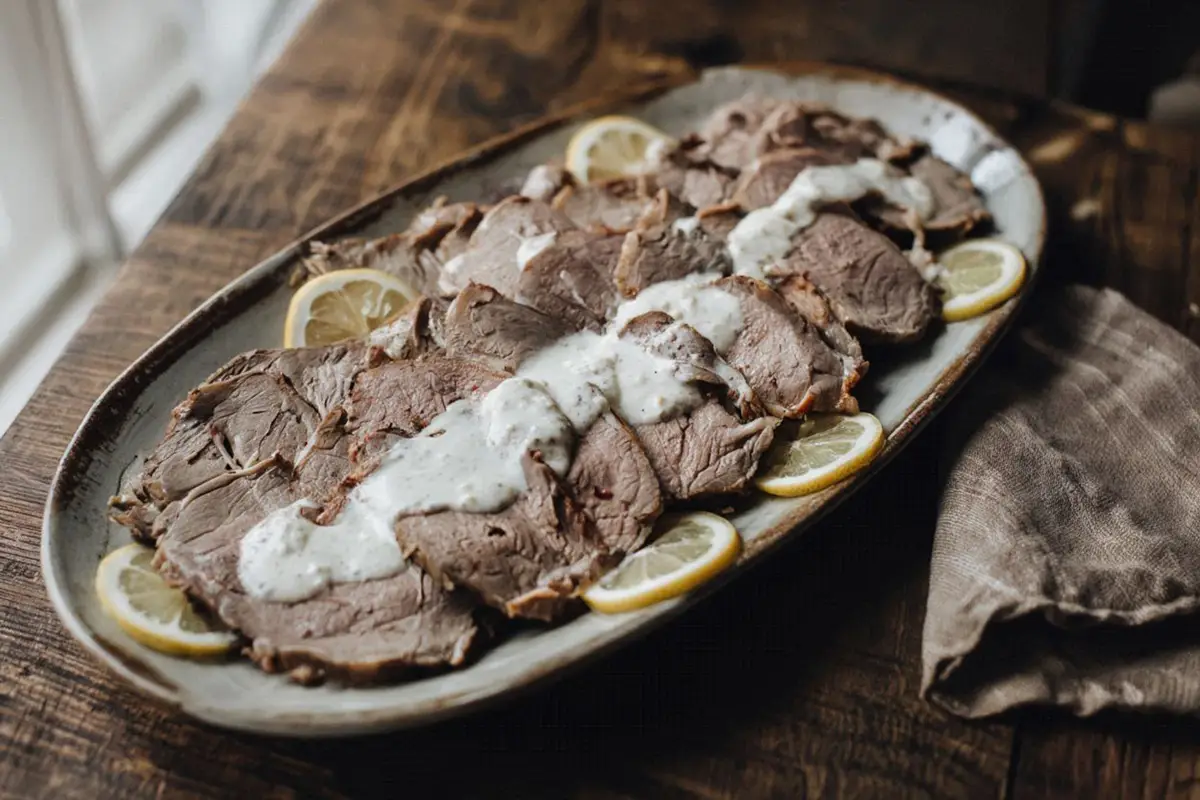 Sliced cooked beef udder arranged on a long oval platter, draped with creamy white horseradish sauce and garnished with thin lemon slices.